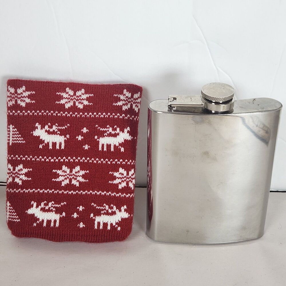 Vintage W Stainless Steel Drinking Flask sweater holder party 7 Oz 5"H x3.5"W